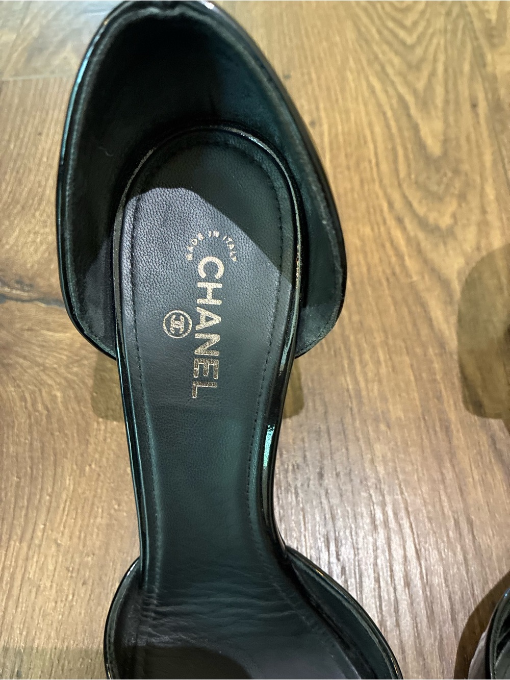 CHANEL Black Patent Leather Open-Toe D'Orsay Heels - Picture 2 of 9